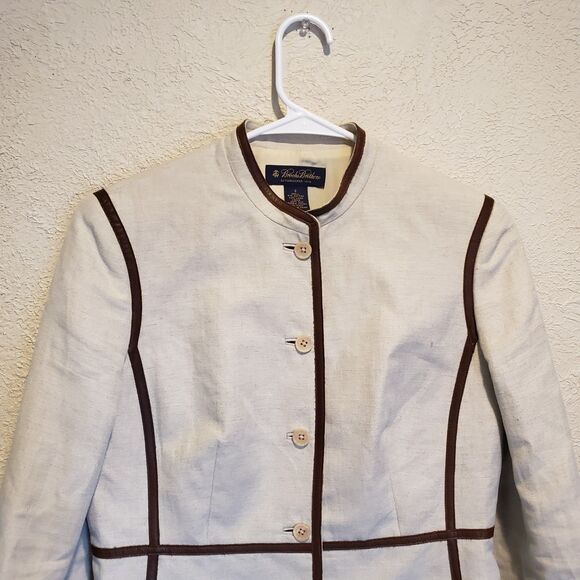Brooks Brothers Mao Collar Tyrolean Jacket Piping Size 6 Beige Linen Blend - Picture 4 of 8